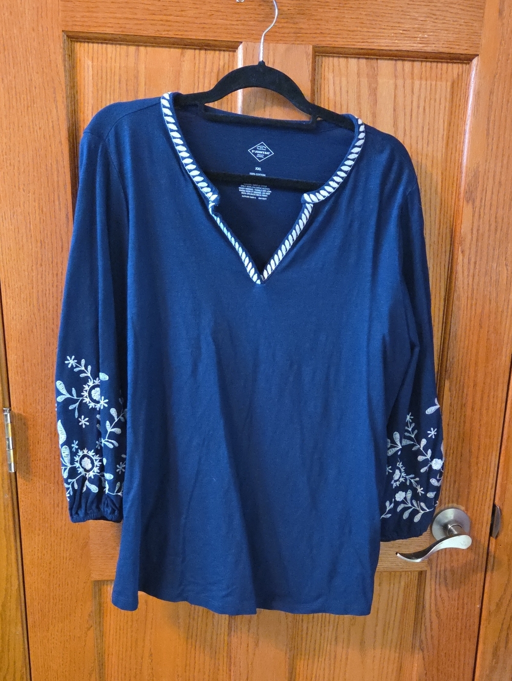 St. John's Bay Navy Long-Sleeve V-Neck Top with White Embroidered Sleeves
